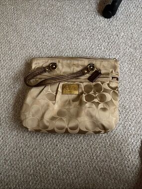 Coach Poppy Signature Sateen Glam Tote Shoulder Bag with Brown Trim.